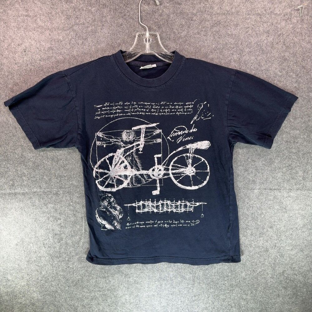 Vintage Leonardo da Vinci Bicycle Print Navy Tee - Sketch Graphic